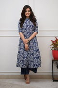 Navy Blue Ikat Print Cotton Kurta Set with Pants – Ethnic Chic PR