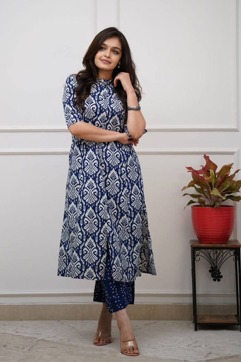 Navy Blue Ikat Print Cotton Kurta Set with Pants – Ethnic Chic PR
