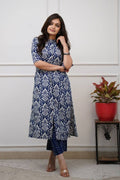 Navy Blue Ikat Print Cotton Kurta Set with Pants – Ethnic Chic PR
