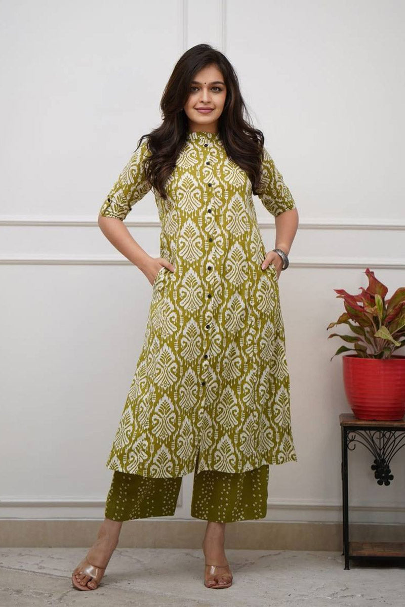 Green Ikat Print Cotton Kurta Set with Pants – Ethnic Chic RTI