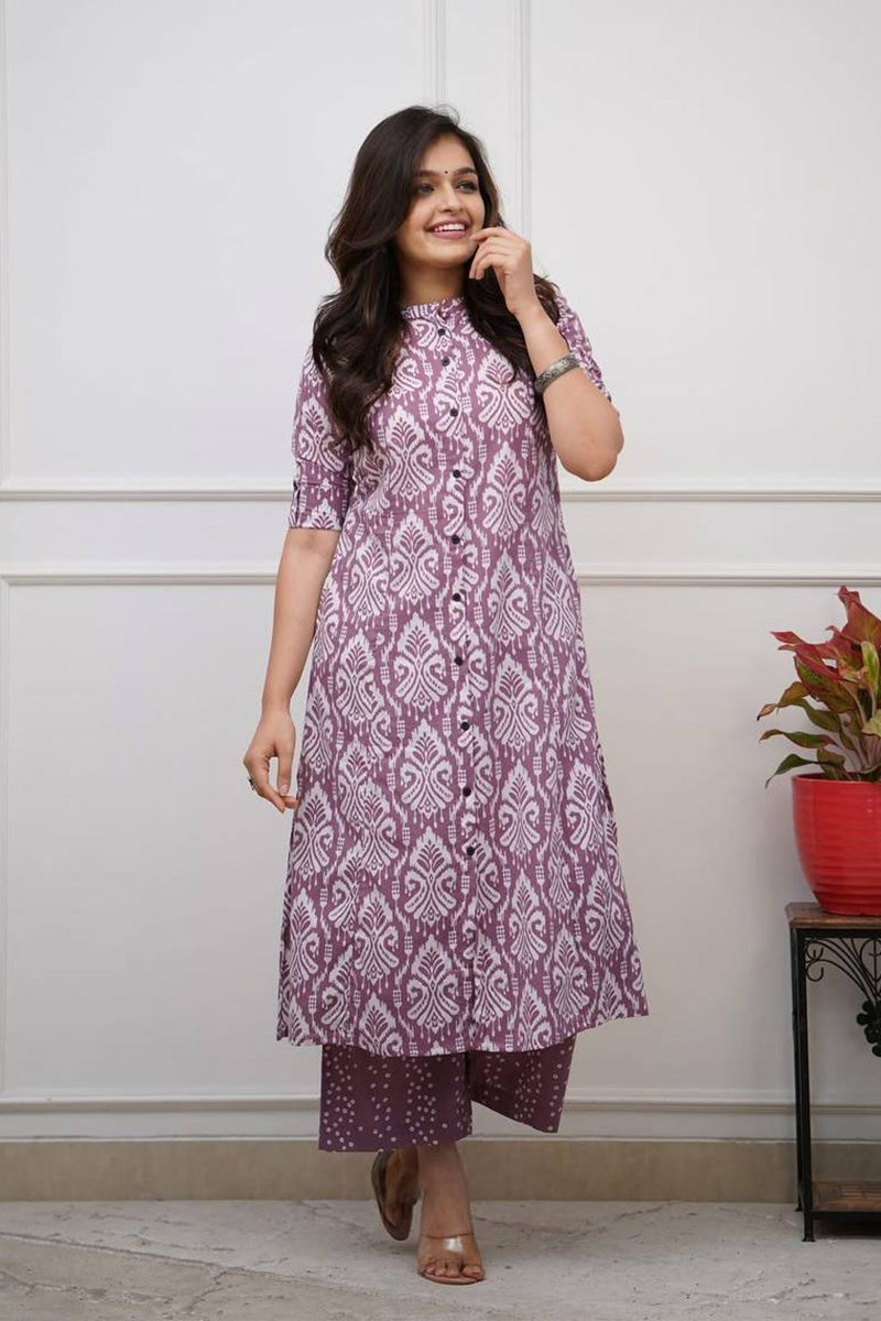 Lavender Ikat Print Cotton Kurta Set with Pants – Ethnic Chic RTI