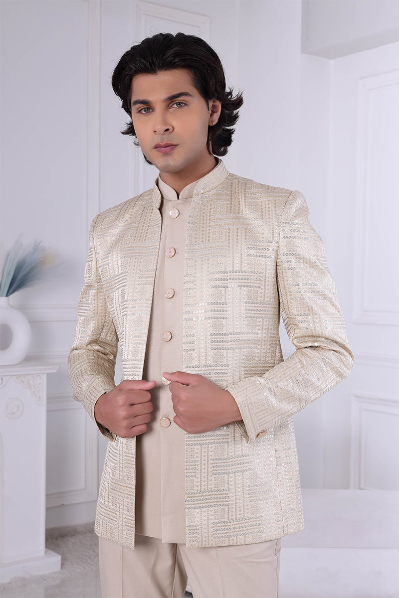 Cream Malai silk Embroidered Men's Indo Western RTI