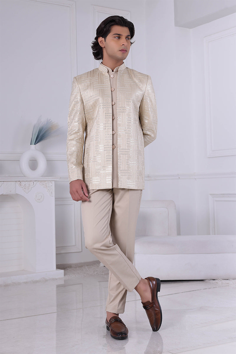 Cream Malai silk Embroidered Men's Indo Western RTI