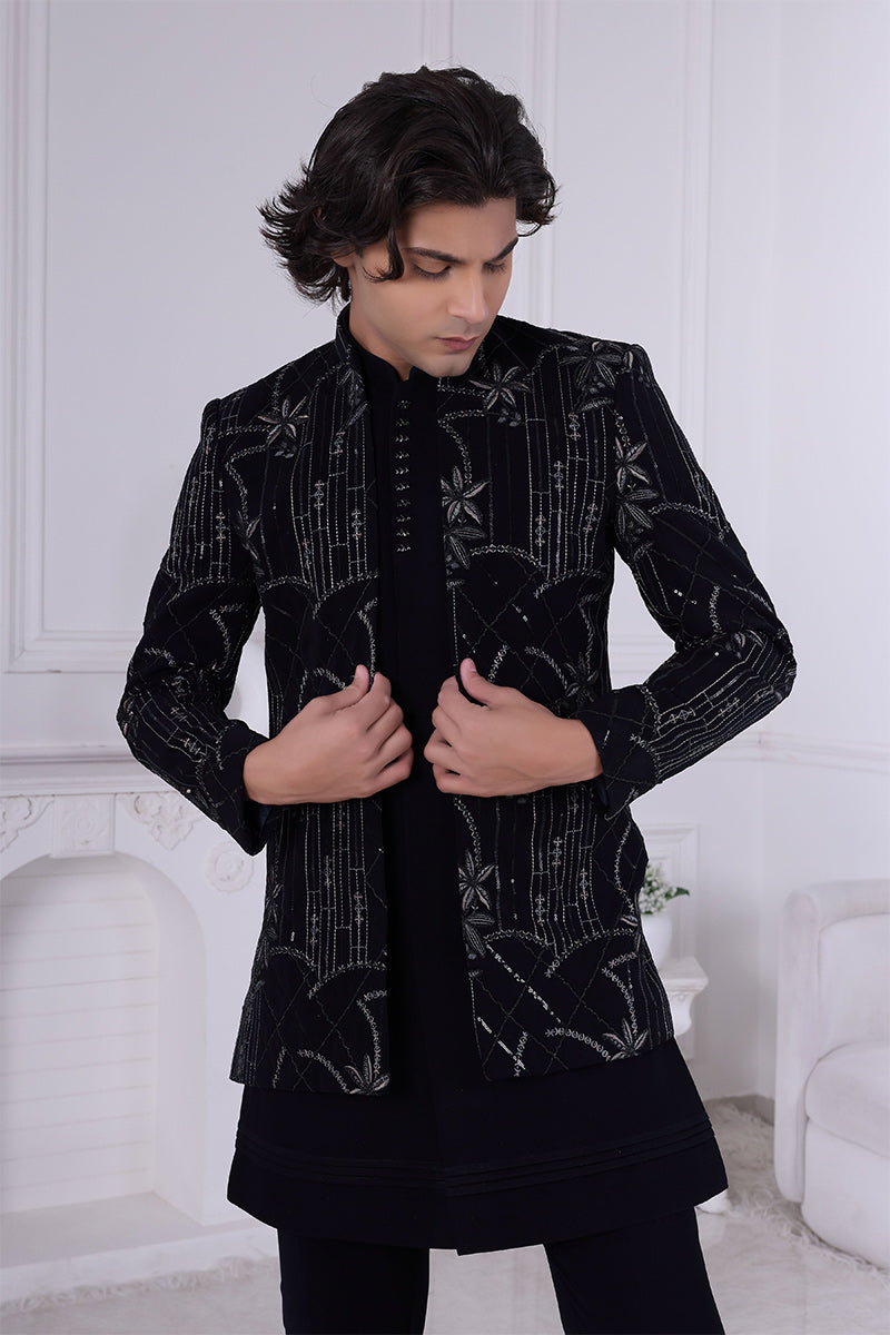 Nocturne Noir Black Velvet Embroidered Jacket for Men RTI