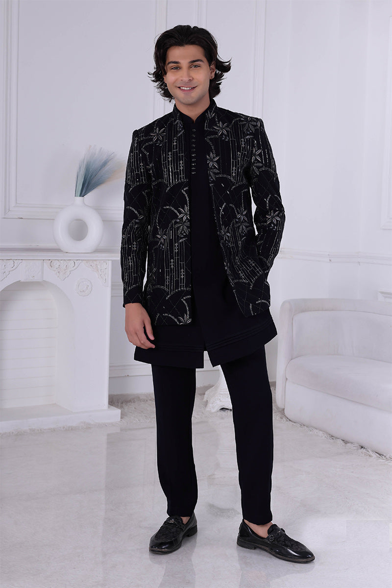 Nocturne Noir Black Velvet Embroidered Jacket for Men RTI