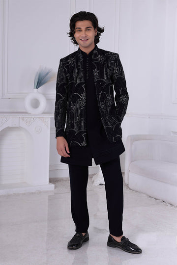 Nocturne Noir Black Velvet Embroidered Jacket for Men RTI
