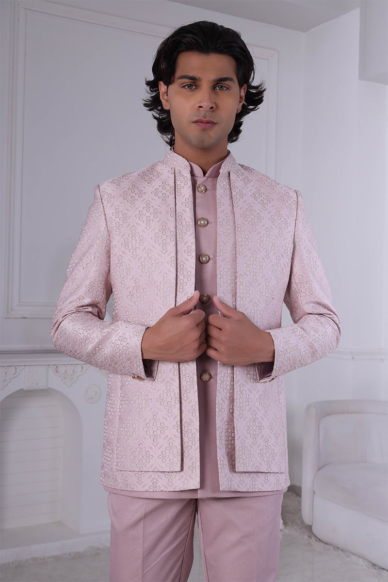 Blush Elegance Pink Embroidered Jacquard Men's Indo Western Suit RTI
