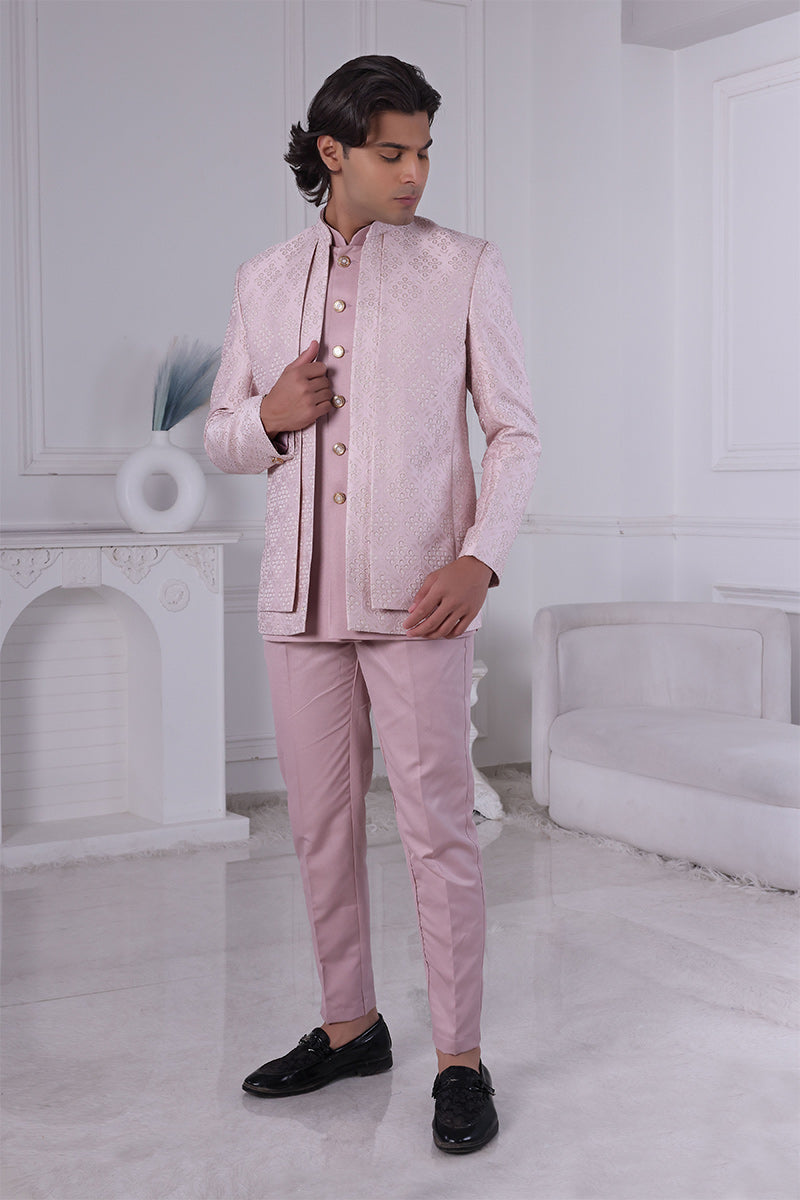 Blush Elegance Pink Embroidered Jacquard Men's Indo Western Suit RTI