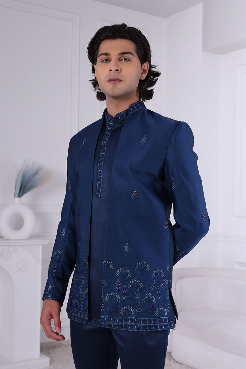 Peacock blue Daman Sequence Embroidery On Silk Men's Indo Western Suit RTI