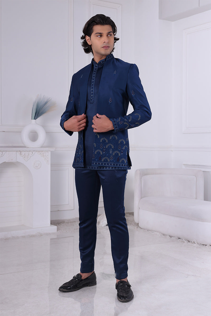 Peacock blue Daman Sequence Embroidery On Silk Men's Indo Western Suit RTI