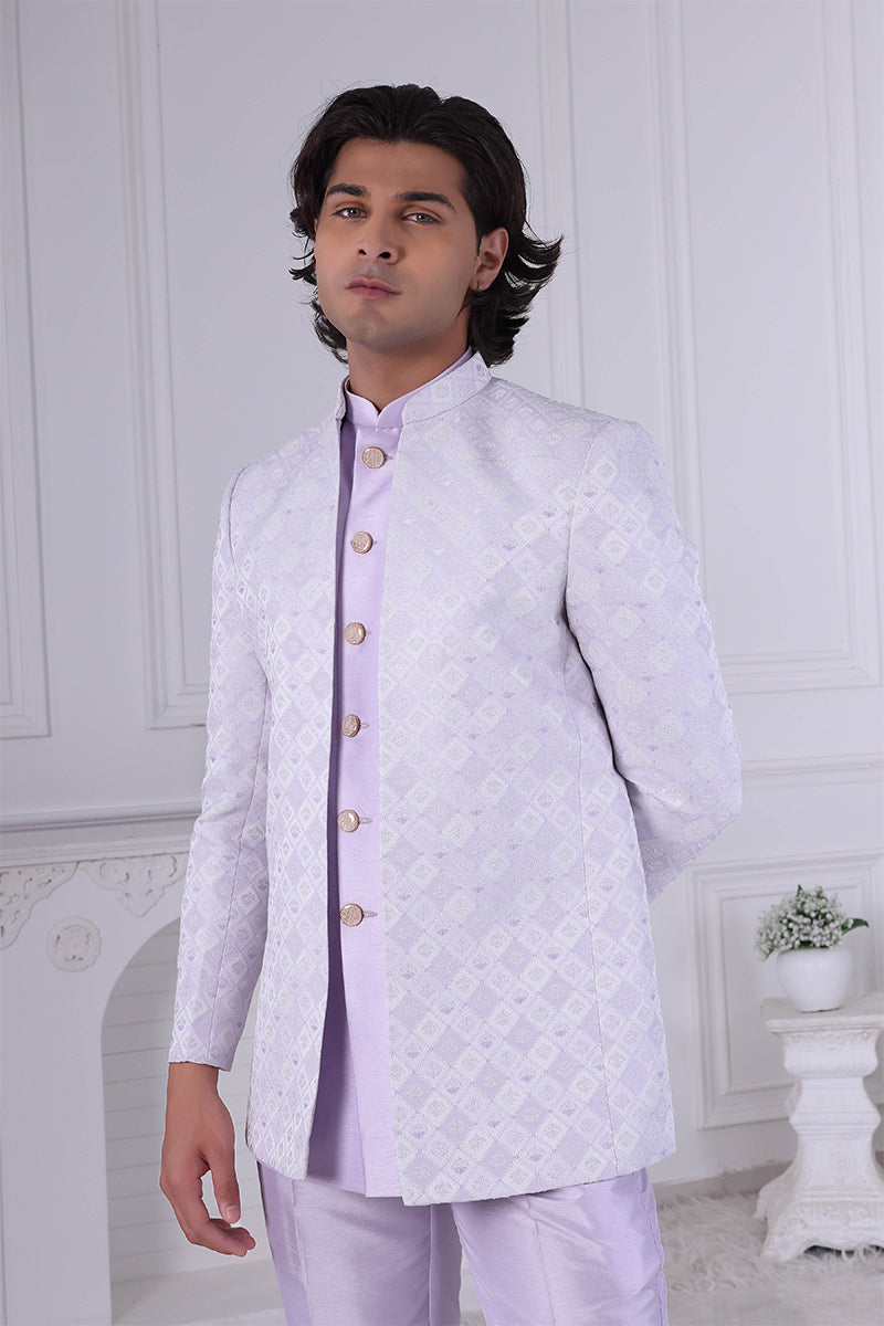 Purple Jacquard Sequence Embroidery Men's Indo Western Suit RTI