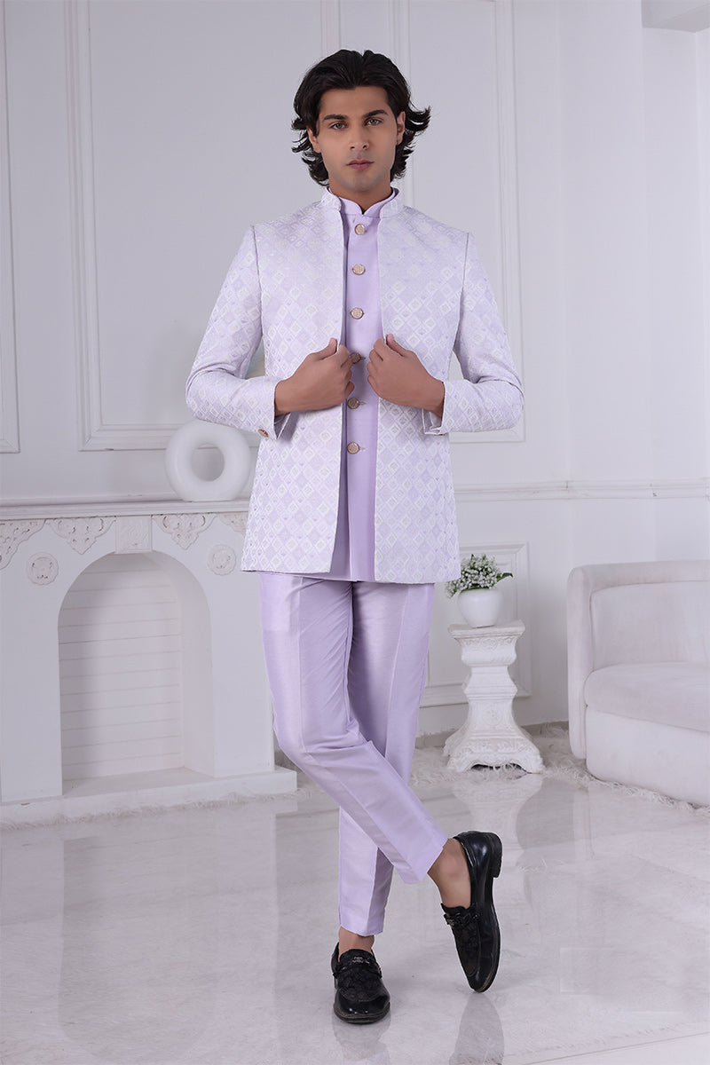 Purple Jacquard Sequence Embroidery Men's Indo Western Suit RTI
