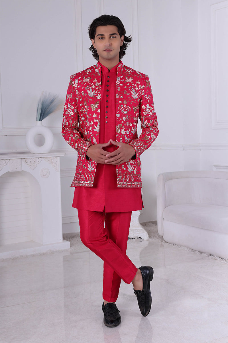 Regal Pink Embroidered Indo-Western Sherwani Jacket Set RTI