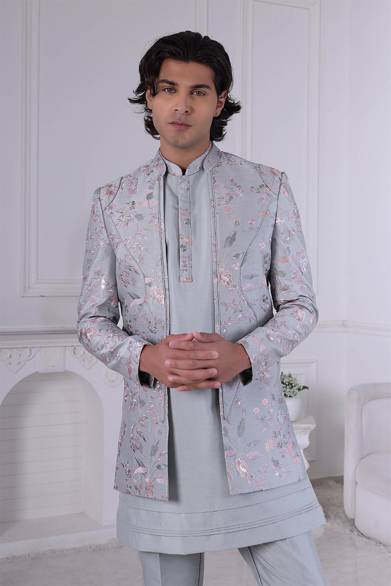 New Grey Foil Thread Work Silk Indo Western for Men RTI