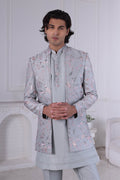 New Grey Foil Thread Work Silk Indo Western for Men RTI