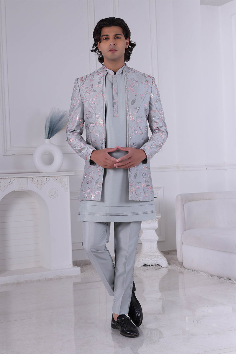 New Grey Foil Thread Work Silk Indo Western for Men RTI