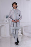 New Grey Foil Thread Work Silk Indo Western for Men RTI