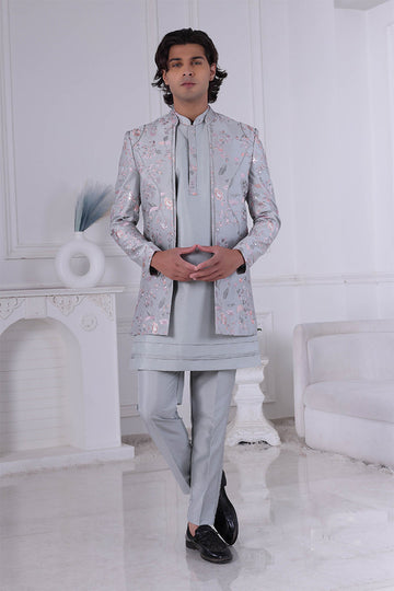 New Grey Foil Thread Work Silk Indo Western for Men RTI