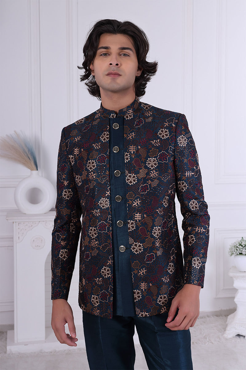 Peacock blue Embroidery on Silk Indo Western for Men RTI