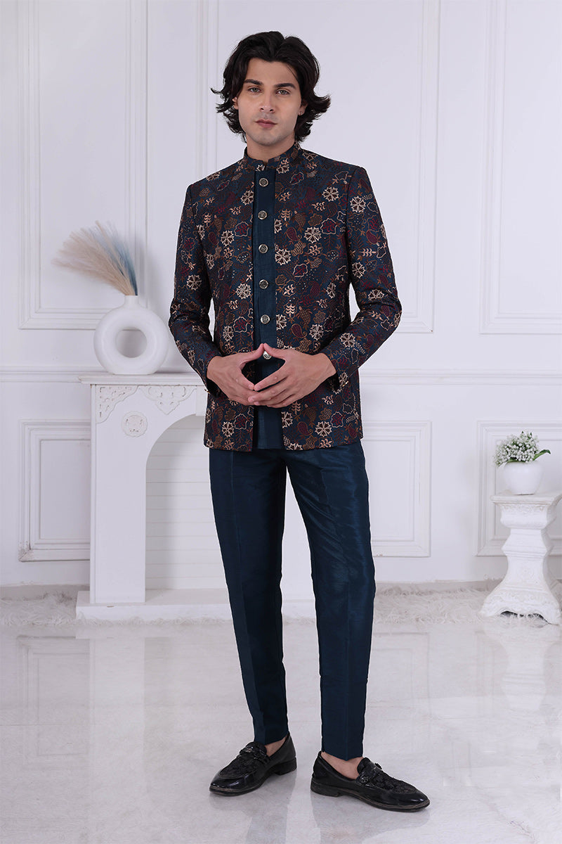 Peacock blue Embroidery on Silk Indo Western for Men RTI