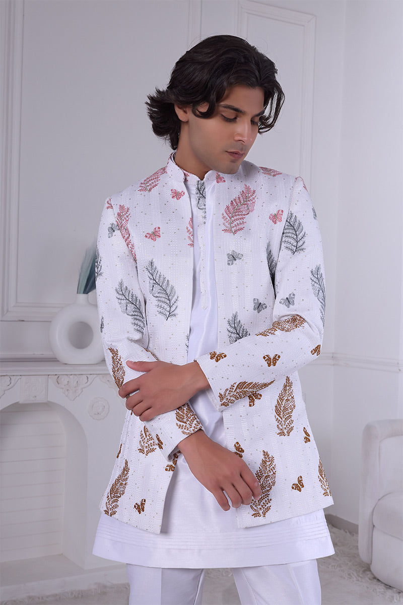 Ivory & Metallic Motif Embroidered Indo-Western Sherwani Jacket Set RTI