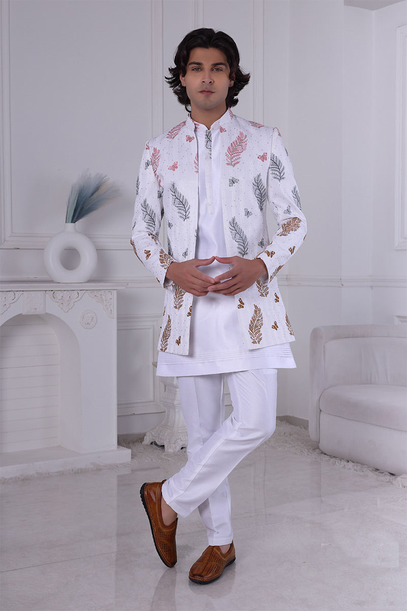 Ivory & Metallic Motif Embroidered Indo-Western Sherwani Jacket Set RTI