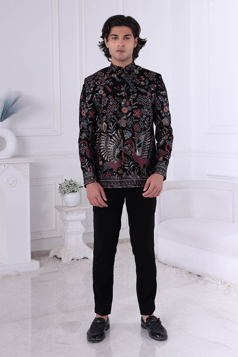 Jade Black Embroidered Indo-Western Sherwani Jacket Set RTI