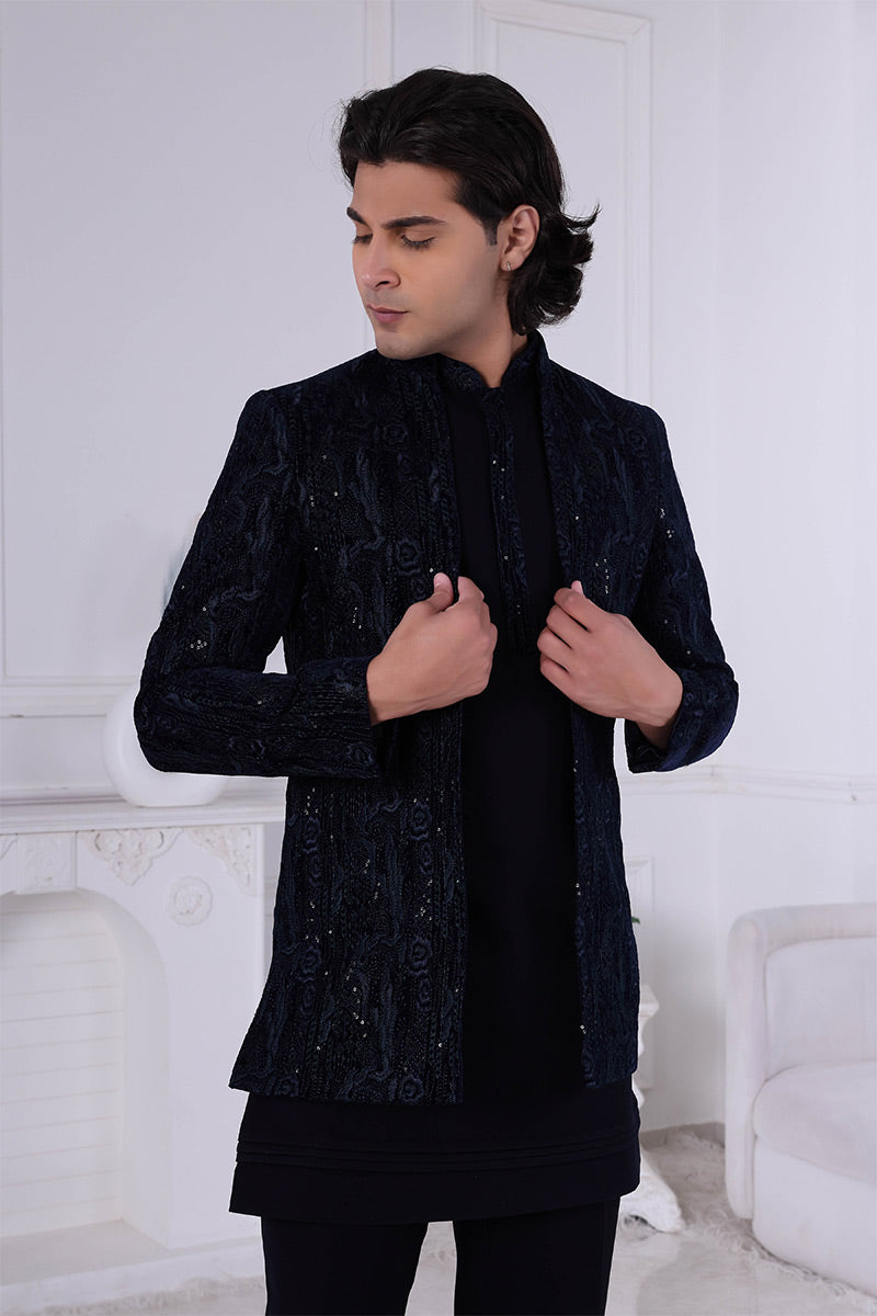 Navy Blue Jacquard Indo-Western Sherwani Jacket Set RTI