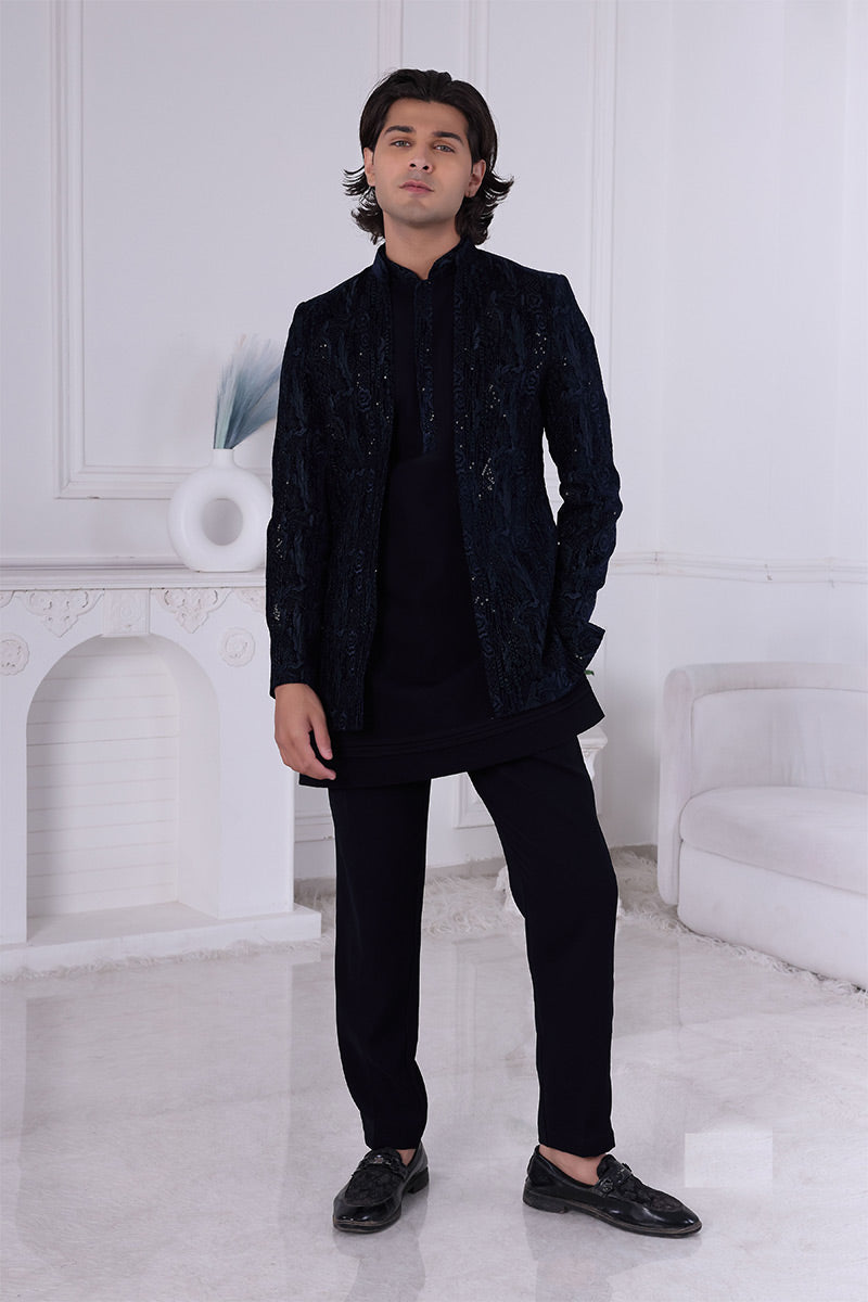 Navy Blue Jacquard Indo-Western Sherwani Jacket Set RTI