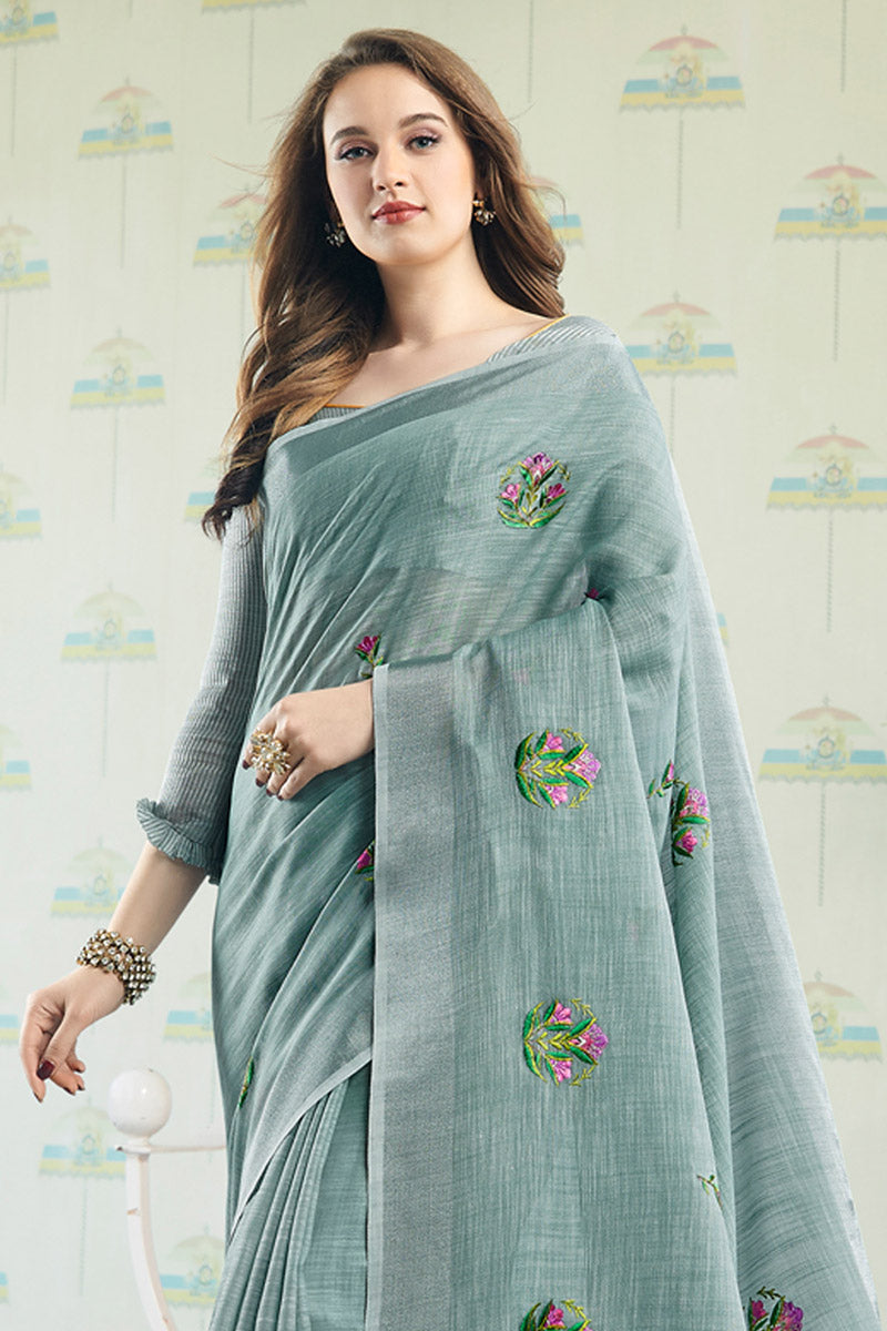 Elegant Pastel Sea Green Handloom Cotton Saree with Floral Embroidery RTI