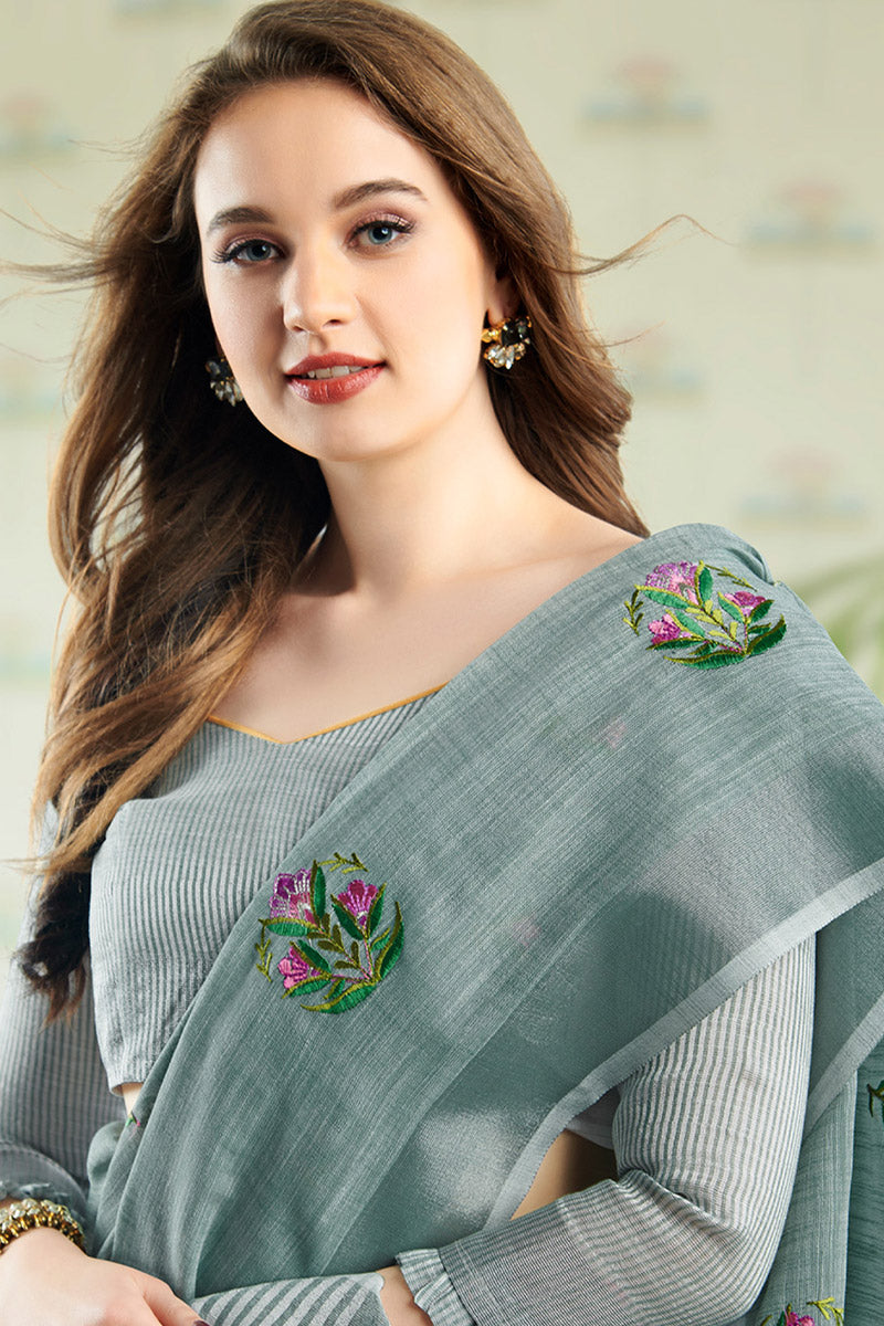 Elegant Pastel Sea Green Handloom Cotton Saree with Floral Embroidery RTI