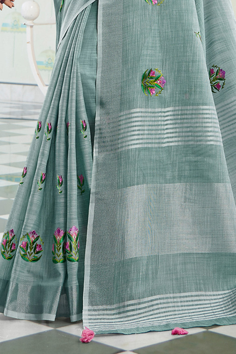 Elegant Pastel Sea Green Handloom Cotton Saree with Floral Embroidery RTI