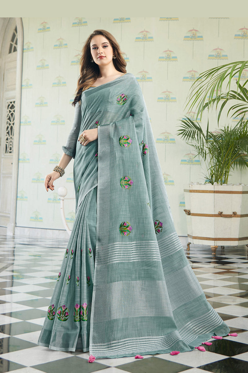 Elegant Pastel Sea Green Handloom Cotton Saree with Floral Embroidery RTI