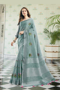 Elegant Pastel Sea Green Handloom Cotton Saree with Floral Embroidery RTI