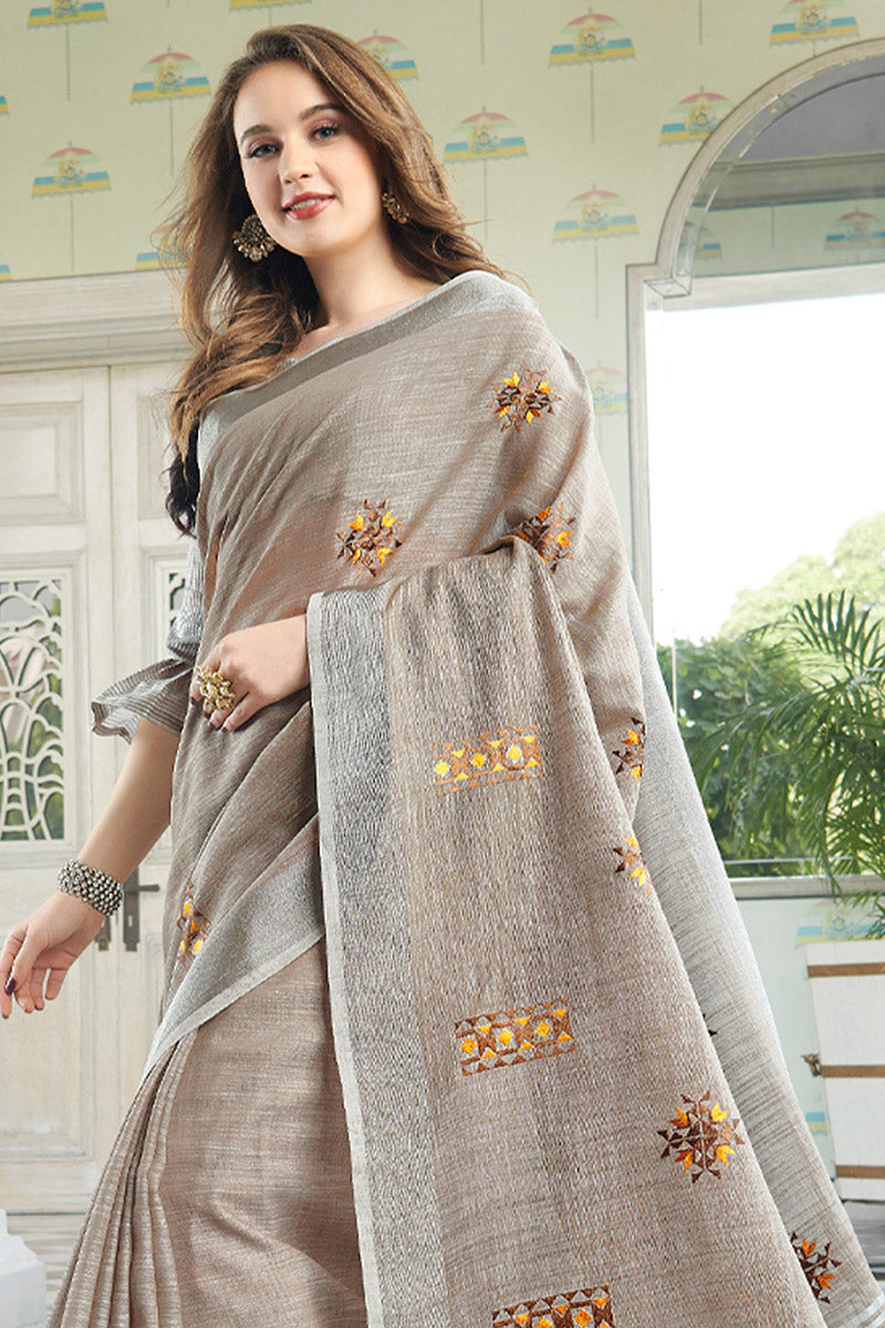 Light Beige Handloom Cotton Saree with Floral Embroidery RTI