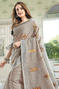 Light Beige Handloom Cotton Saree with Floral Embroidery RTI