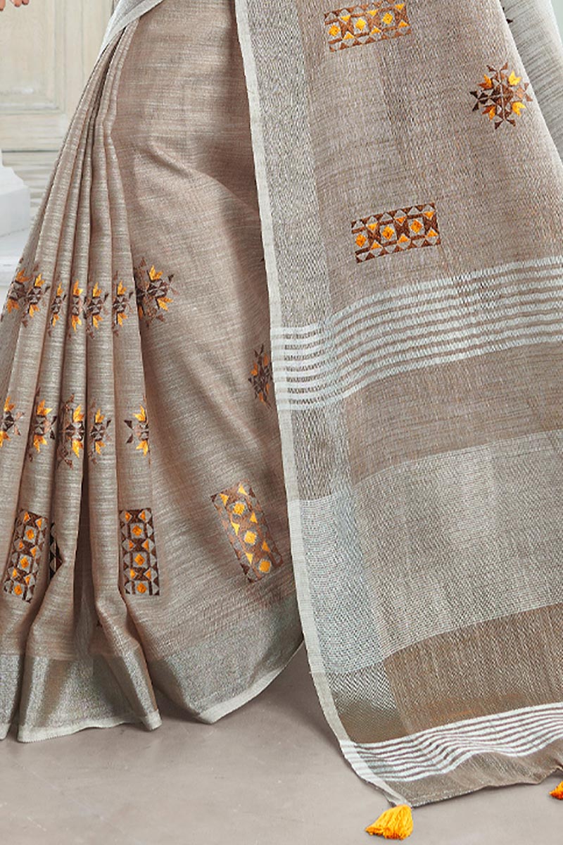 Light Beige Handloom Cotton Saree with Floral Embroidery RTI