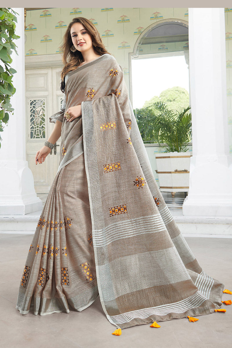 Light Beige Handloom Cotton Saree with Floral Embroidery RTI