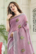 Light Purple Handloom Cotton Saree with Floral Embroidery RTI