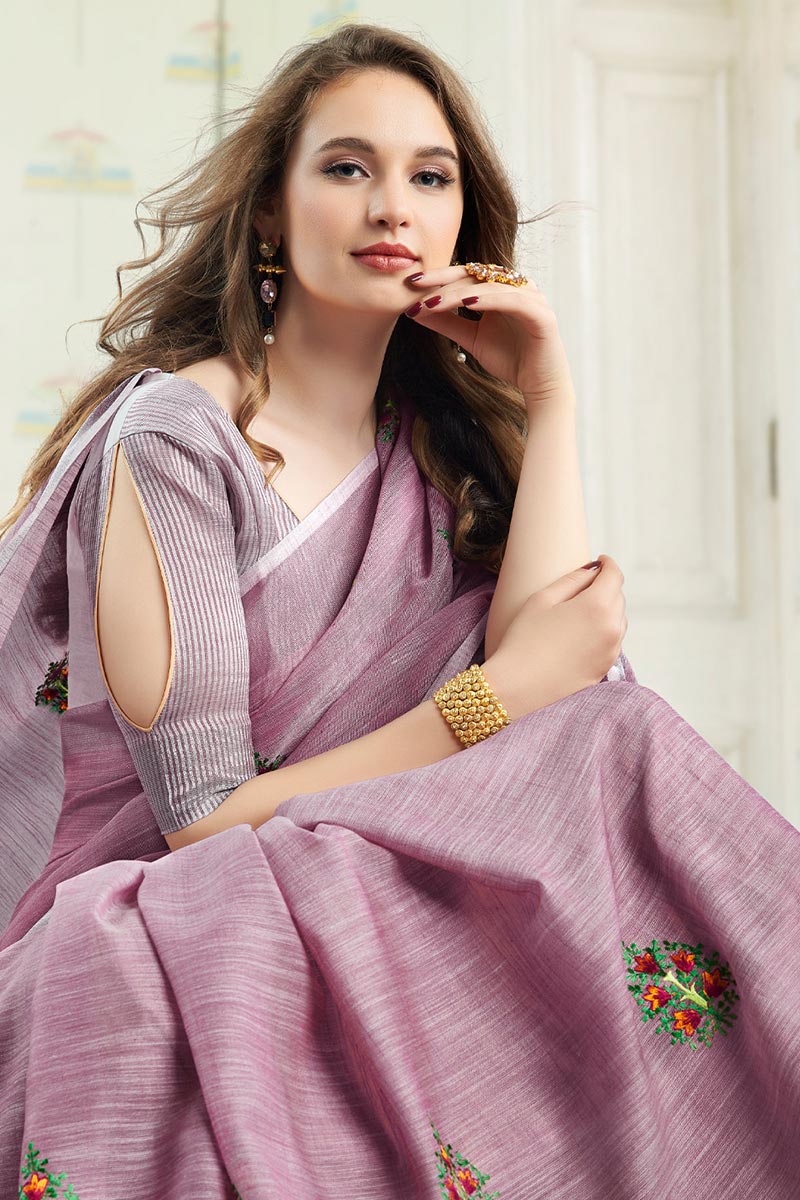 Light Purple Handloom Cotton Saree with Floral Embroidery RTI
