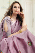 Light Purple Handloom Cotton Saree with Floral Embroidery RTI