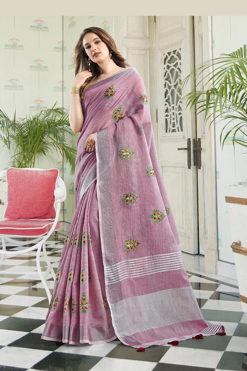 Light Purple Handloom Cotton Saree with Floral Embroidery RTI