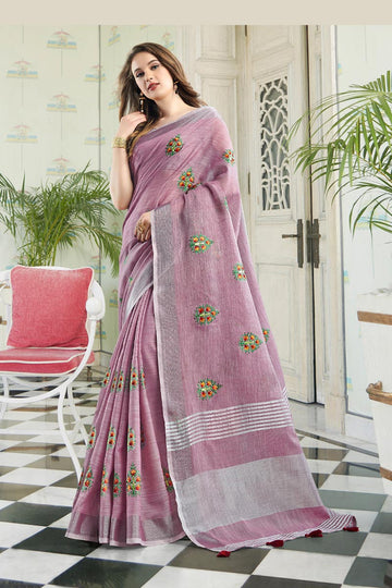 Light Purple Handloom Cotton Saree with Floral Embroidery RTI