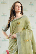Pista Green Handloom Cotton Saree with Floral Embroidery RTI