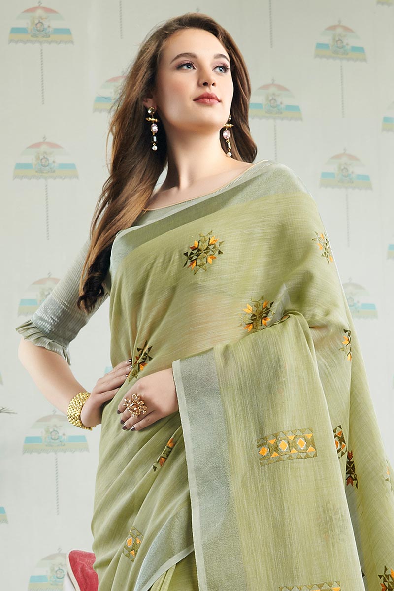 Pista Green Handloom Cotton Saree with Floral Embroidery RTI