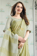 Pista Green Handloom Cotton Saree with Floral Embroidery RTI