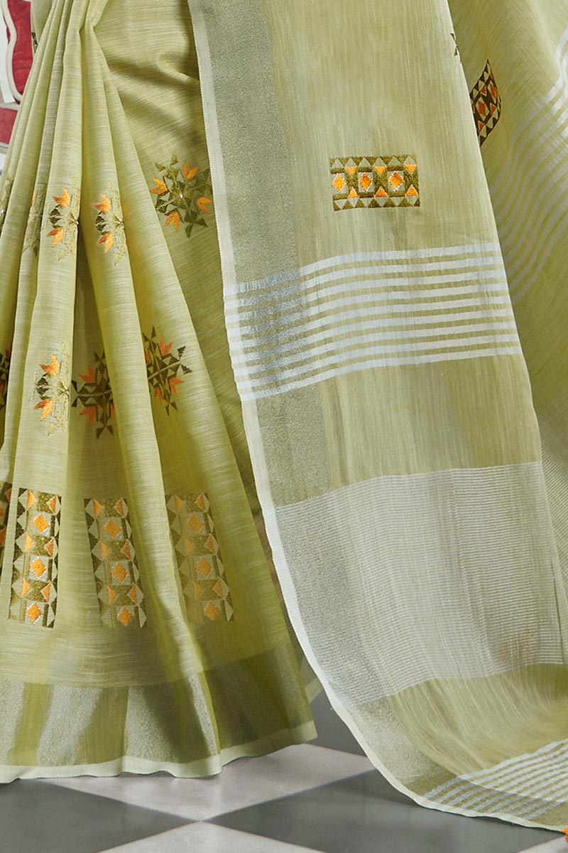 Pista Green Handloom Cotton Saree with Floral Embroidery RTI