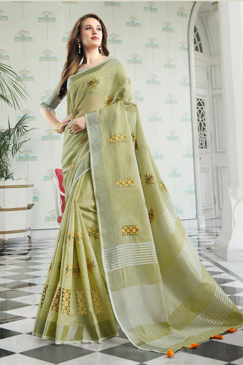 Pista Green Handloom Cotton Saree with Floral Embroidery RTI