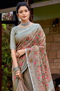 Elegant Beige Embroidered Linen Cotton Saree with Floral Motifs RTI