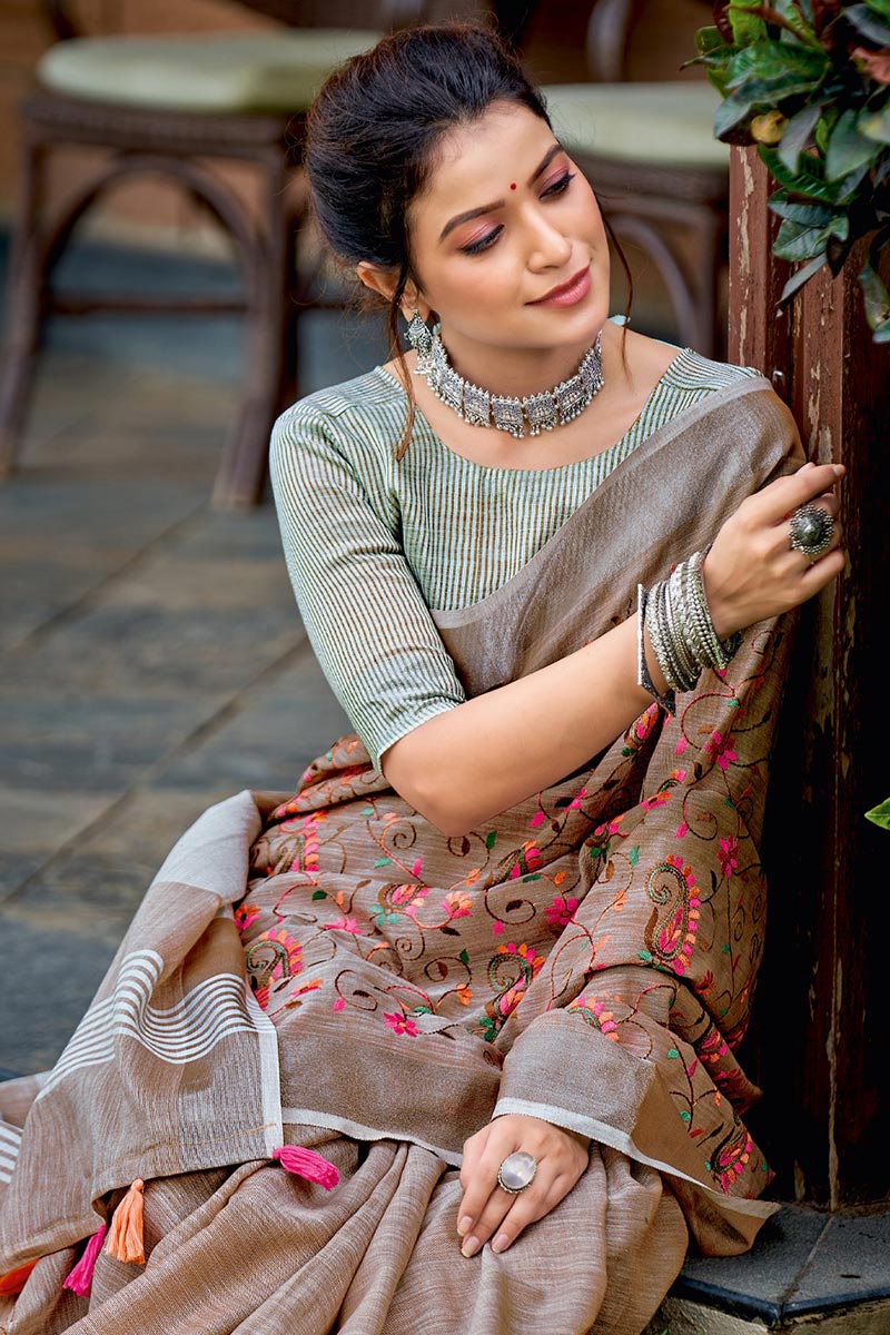 Elegant Beige Embroidered Linen Cotton Saree with Floral Motifs RTI